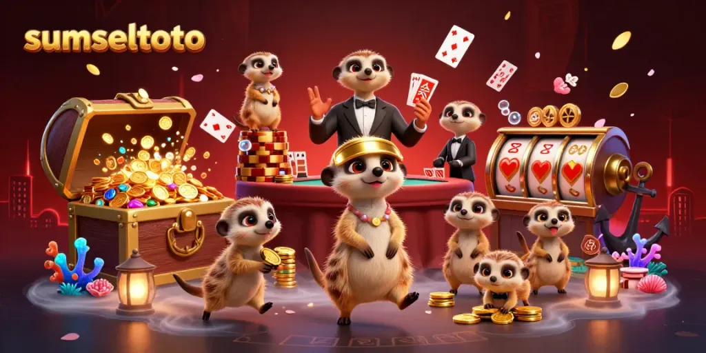 Experience the excitement of sumseltoto with meerkats operating a vibrant casino scene filled with treasures and action.
