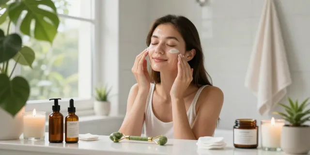 glow peptide buy - woman applying skincare serum in sunlit bathroom