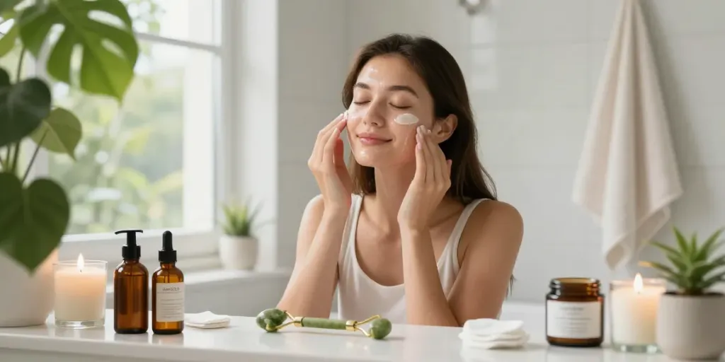 glow peptide buy - woman applying skincare serum in sunlit bathroom
