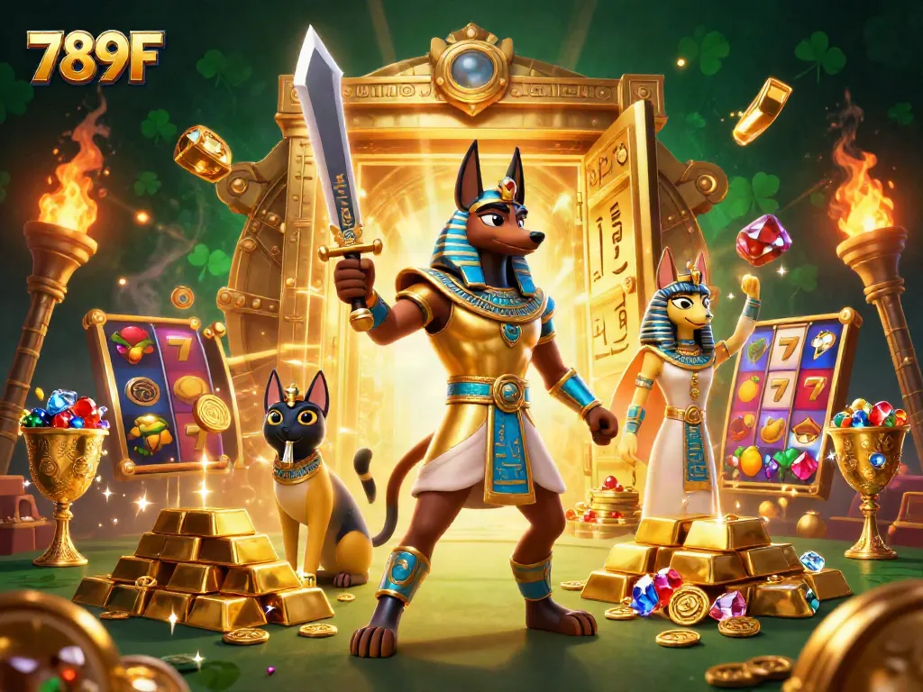 Engage in thrilling 789F slots with a dynamic scene showcasing ancient warriors and golden treasures.