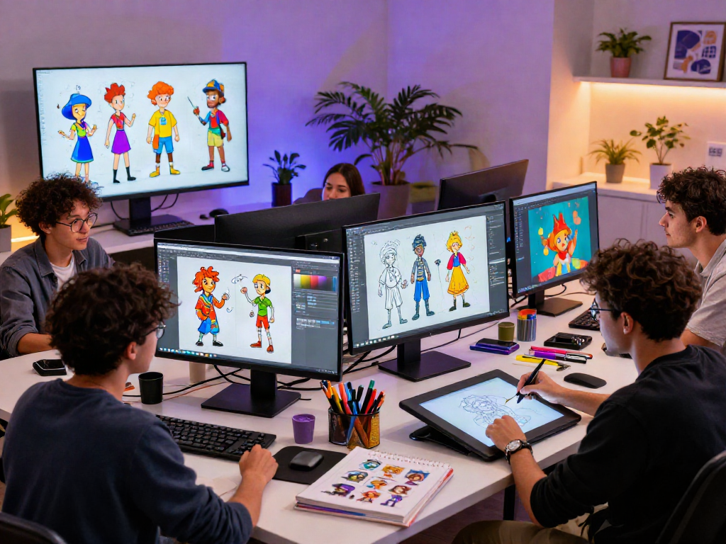 Dynamic character design collaboration scene showcasing artists engaging with character ai nsfw themes in a vibrant workspace.