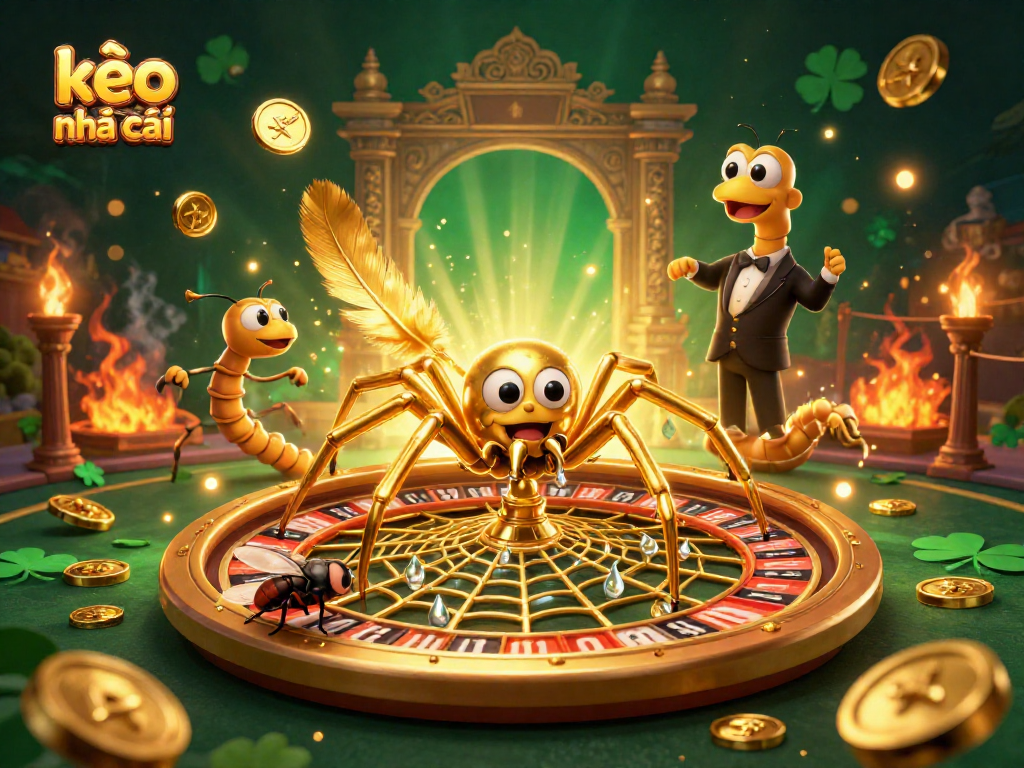 Engage with kèo nhà cái excitement as a golden spider spins a roulette web in a captivating dynamic scene.