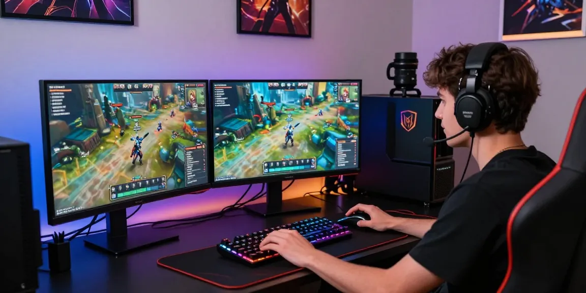 Gamer sedang siaran langsung di ruang gaming modern dengan monitor menampilkan grafik permainan luxury111