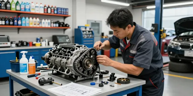 BMW steuerkette hannover service - technician replacing timing chain in automotive garage.