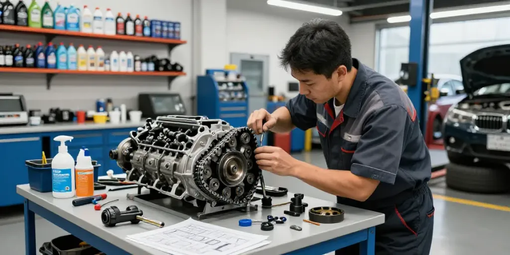 BMW steuerkette hannover service - technician replacing timing chain in automotive garage.