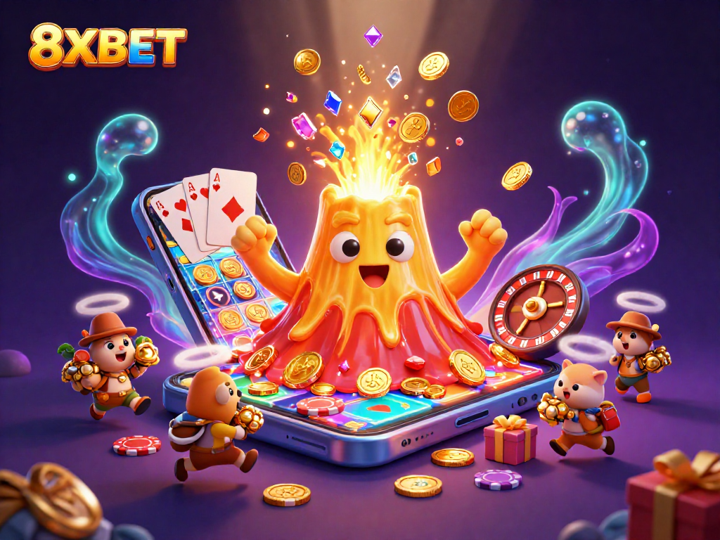 Experience excitement at 8XBET with a golden volcano erupting coins amidst vibrant casino elements.