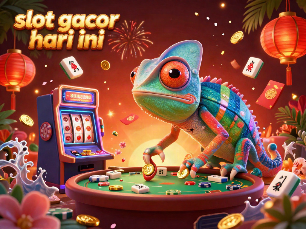 Engage with slot gacor hari ini at a colorful 3D casino scene depicting a chameleon owner surrounded by dynamic game elements.