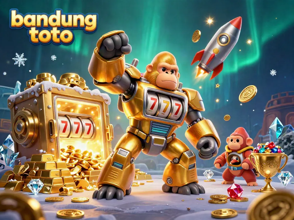 Engage in thrilling gameplay at bandung toto featuring a dynamic golden gorilla mech amidst treasures.