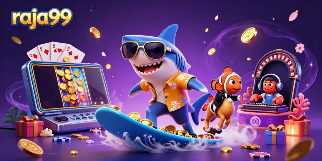 Experience raja99 excitement with a vibrant casino-themed illustration featuring dynamic characters and game elements.