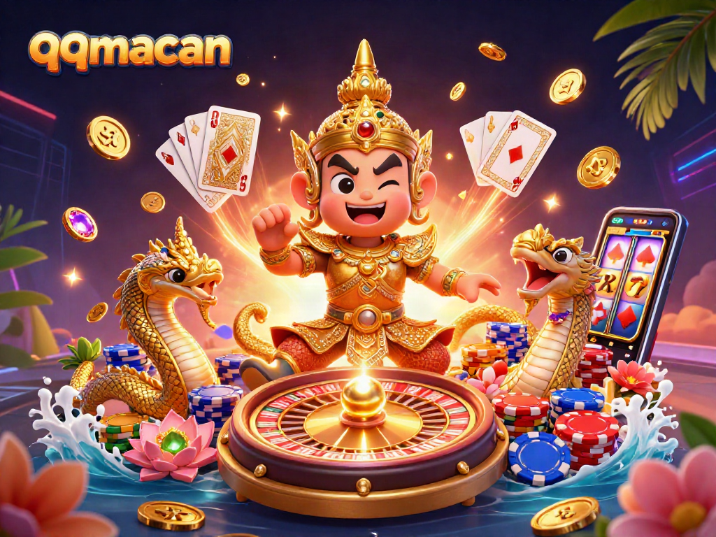 Engage with qqmacan's vibrant gaming scene featuring a Thai guardian and casino elements.