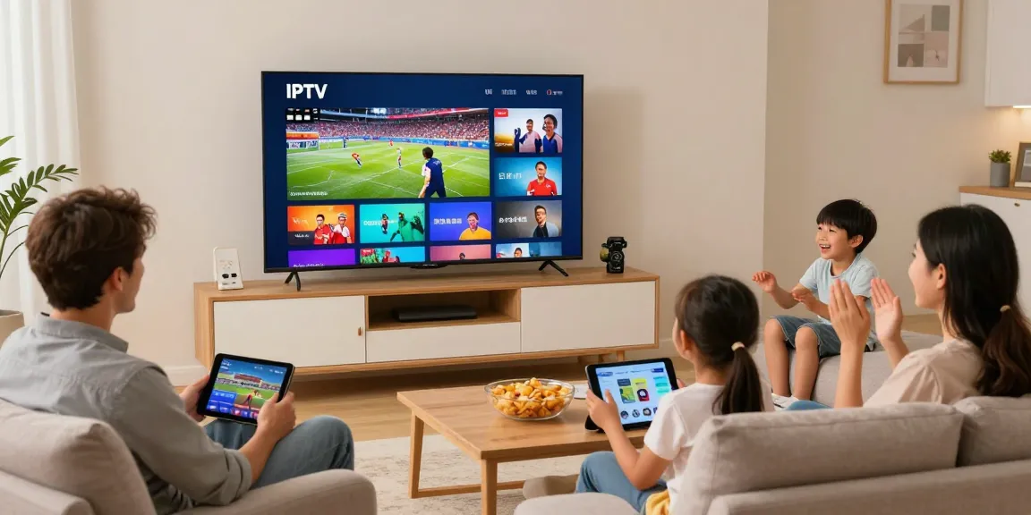 Gezin geniet van iptv abonnementen in hun comfortabele woonkamer met een groot scherm.
