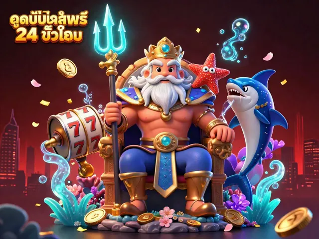 Engage with ดูหนังออนไลน์ฟรี 24 ชั่วโมง featuring a vibrant scene of slot reels, coins, and underwater elements.