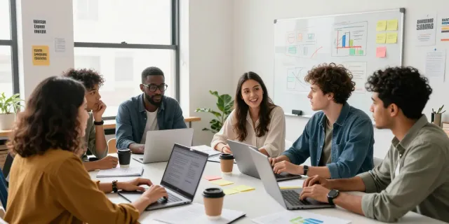 Group of beginners collaborating on startup ideas in a bright home office.