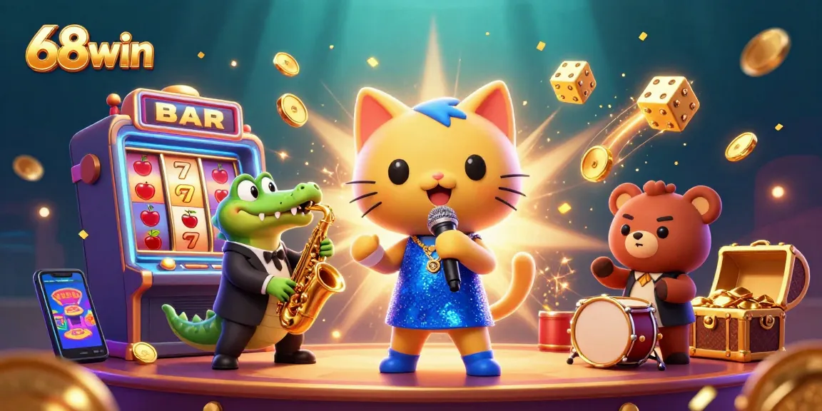 Experience the excitement of 68win with vibrant characters and jackpot game elements in this dynamic casino scene.