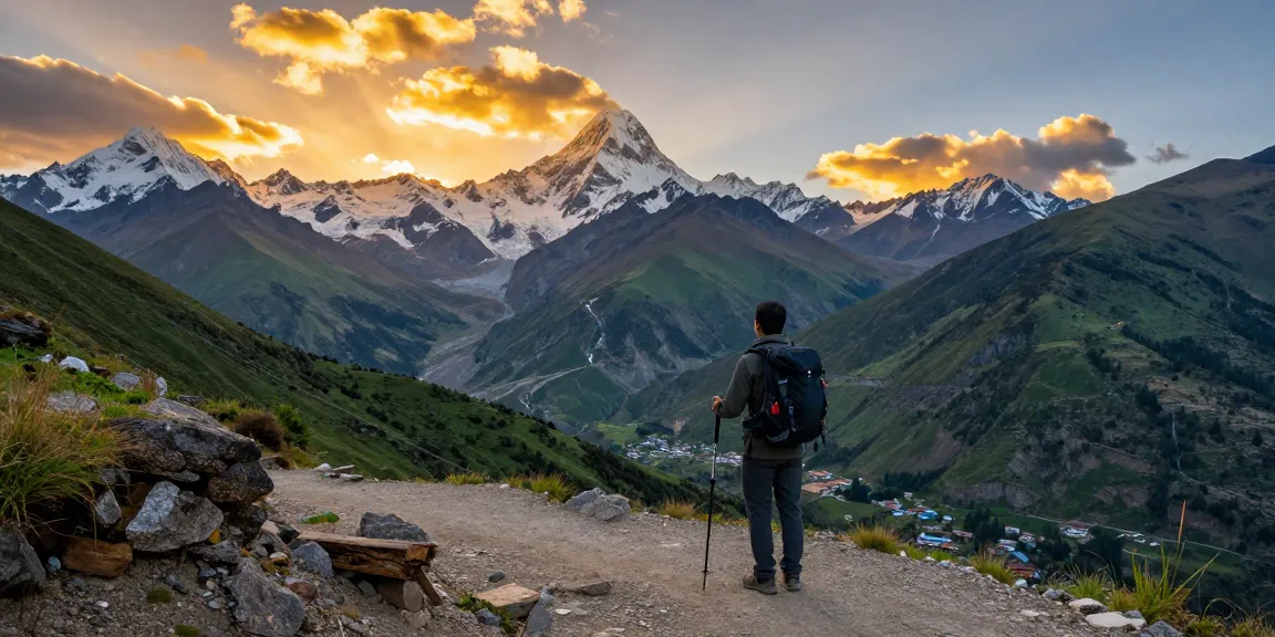 Trek to Manaslu Circuit, traveler at sunset in the Himalayas overlooking Manaslu mountain range.