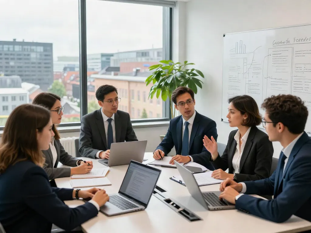 Legal professionals collaborating on international strategies with Lead Roedl in a modern office.
