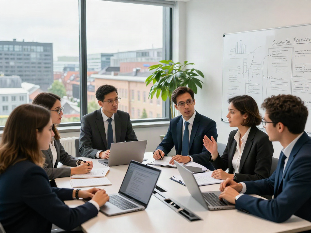 Legal professionals collaborating on international strategies with Lead Roedl in a modern office.