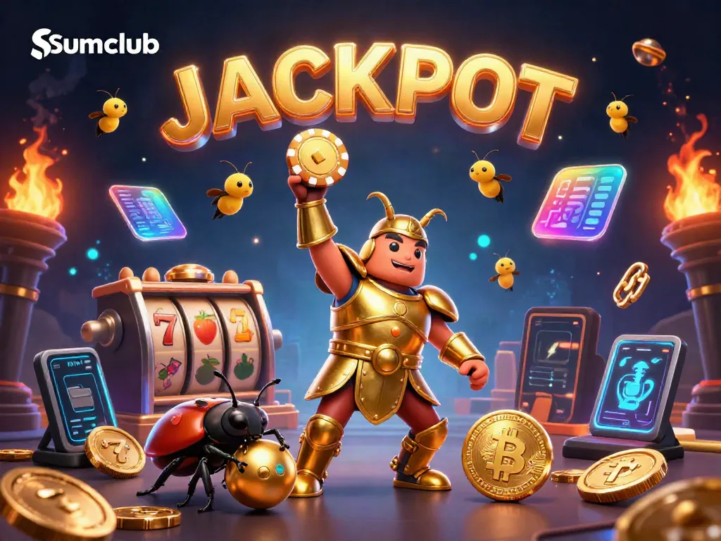Experience the thrill of Sumclub with a victorious hercules beetle in golden armor lifting a poker chip amidst a vibrant casino atmosphere.