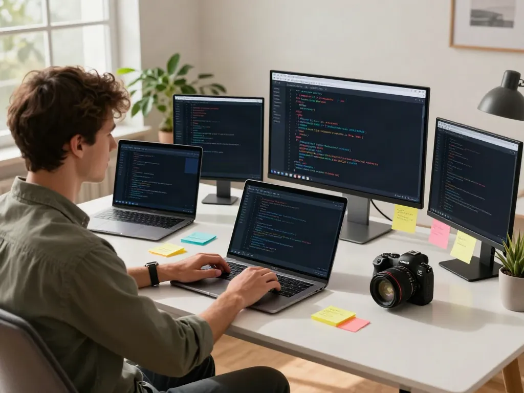 Brave browser displayed on a laptop in a modern home office.