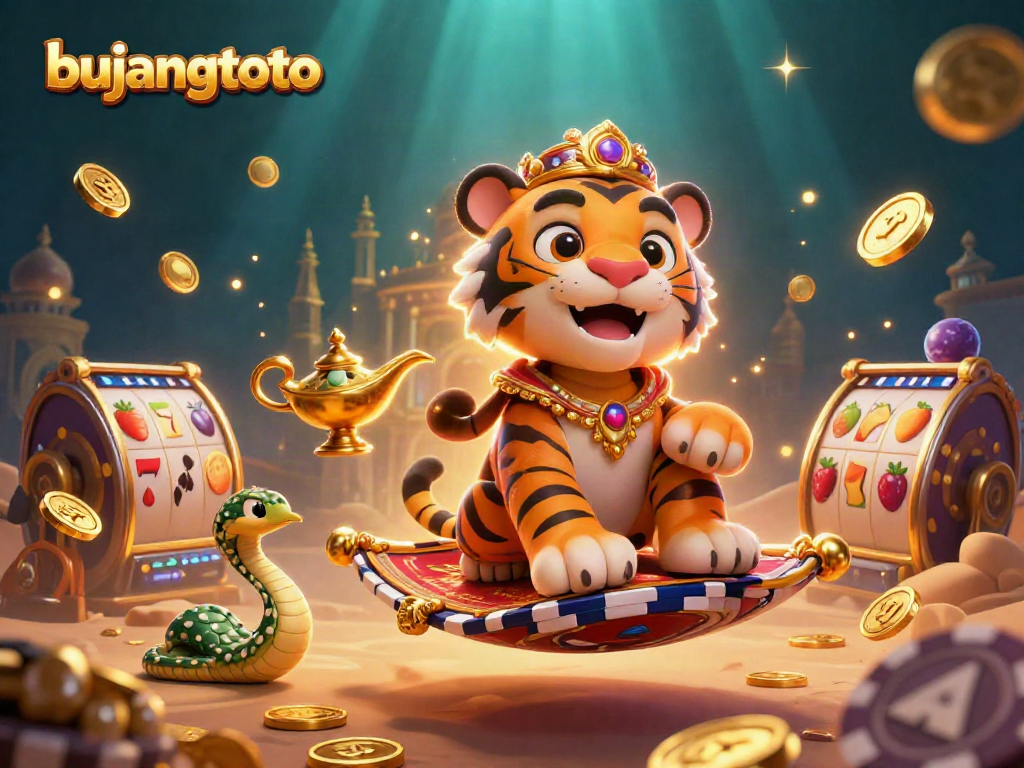 Engage in the thrill of gambling with bujangtoto featuring a vibrant tiger sultan on a flying carpet surrounded by slot elements.