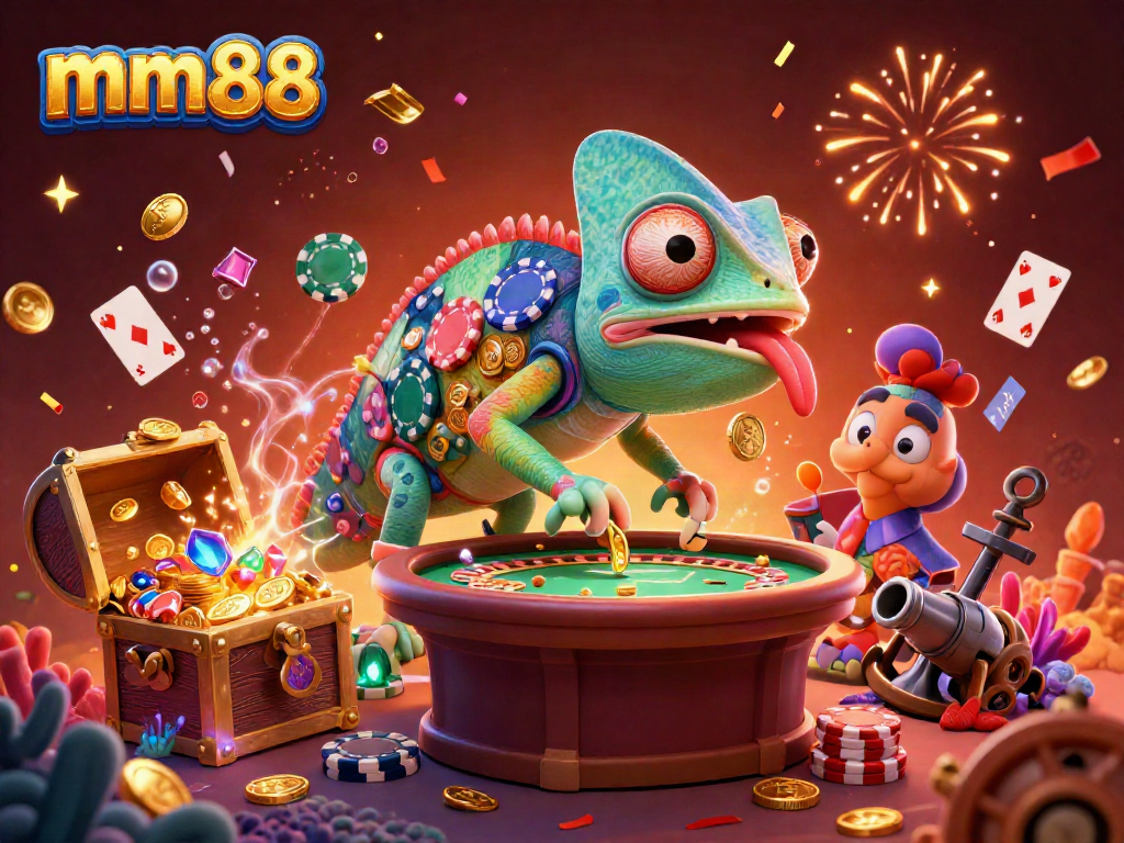 Engage with vibrant mm88 casino adventures with a colorful chameleon amidst golden treasures.