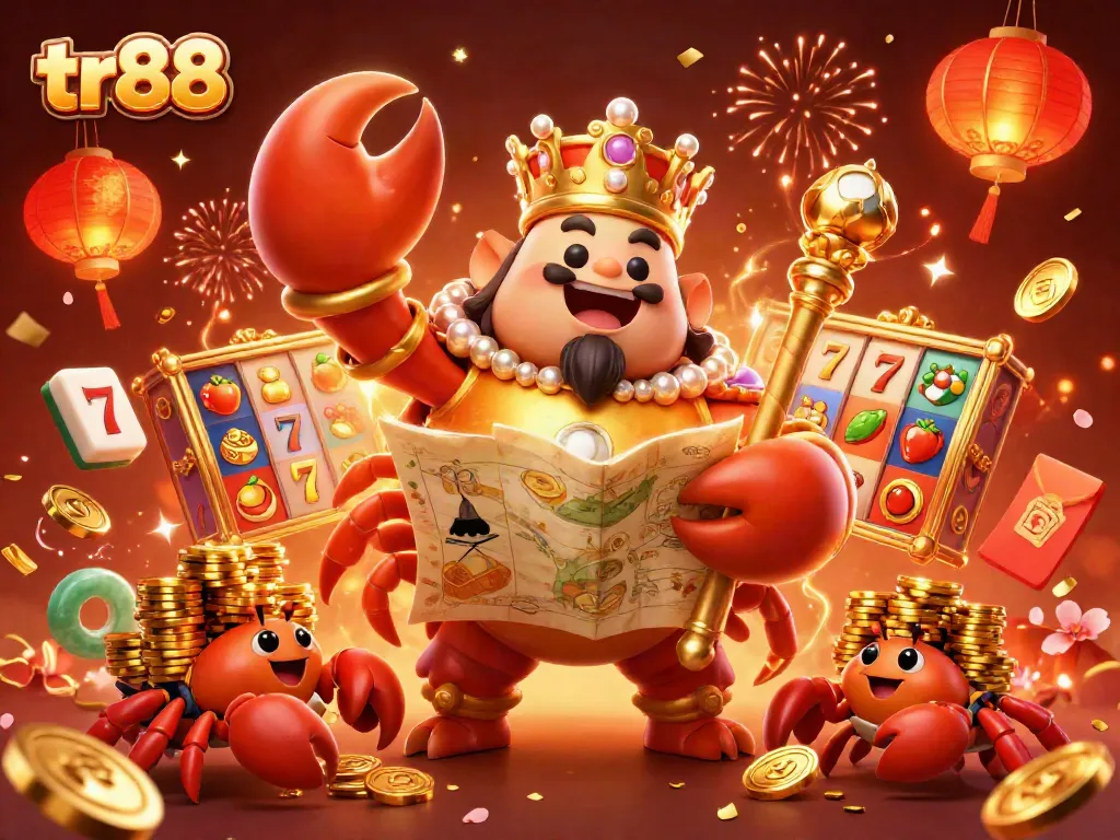 Spin the reels in tr88’s vibrant casino world with a golden crab emperor and thrilling symbols.