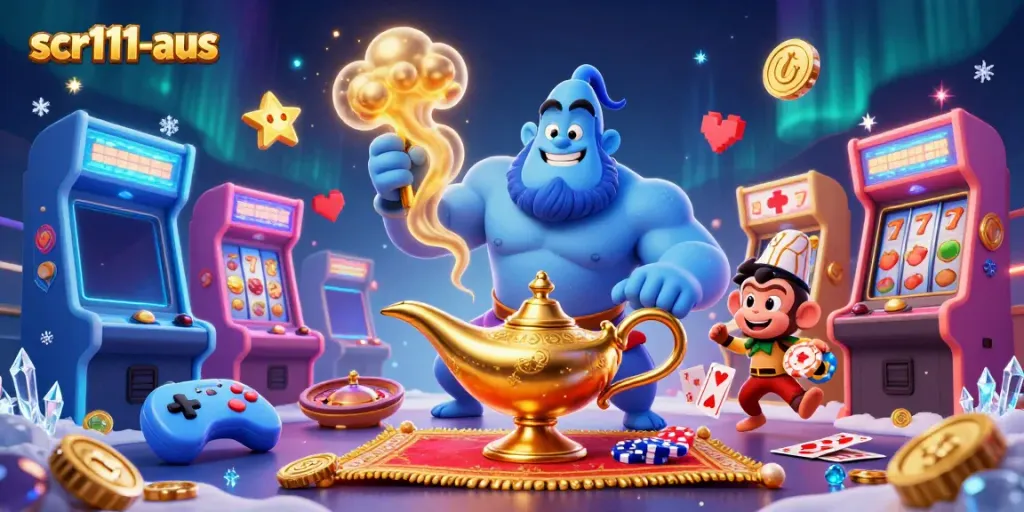 Engage in exciting gaming at scr111-aus with colorful illustrations of a genie and casino elements.