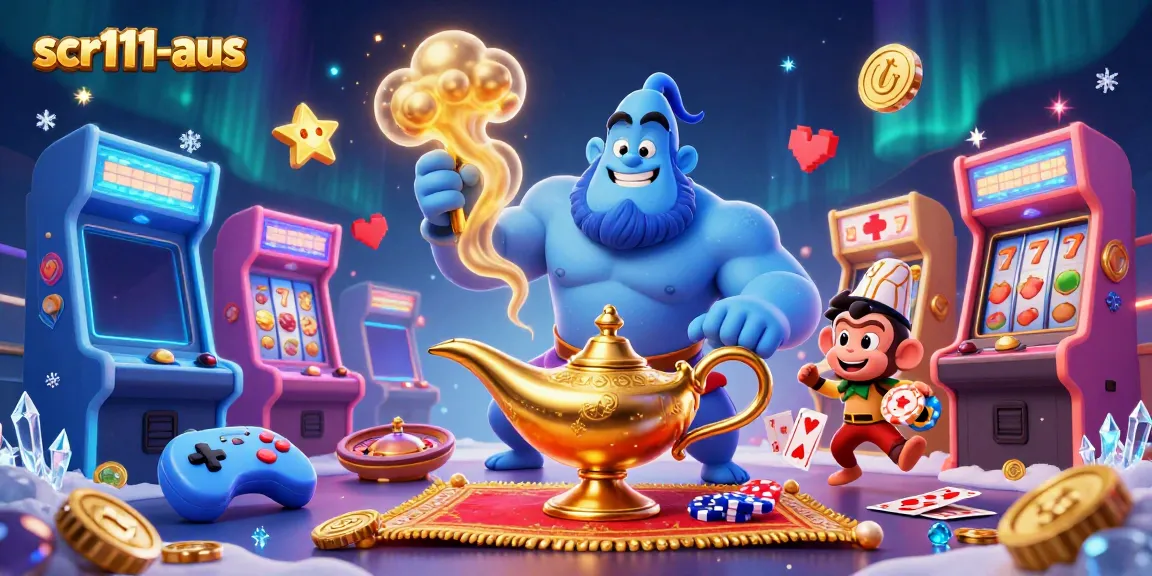 Engage in exciting gaming at scr111-aus with colorful illustrations of a genie and casino elements.
