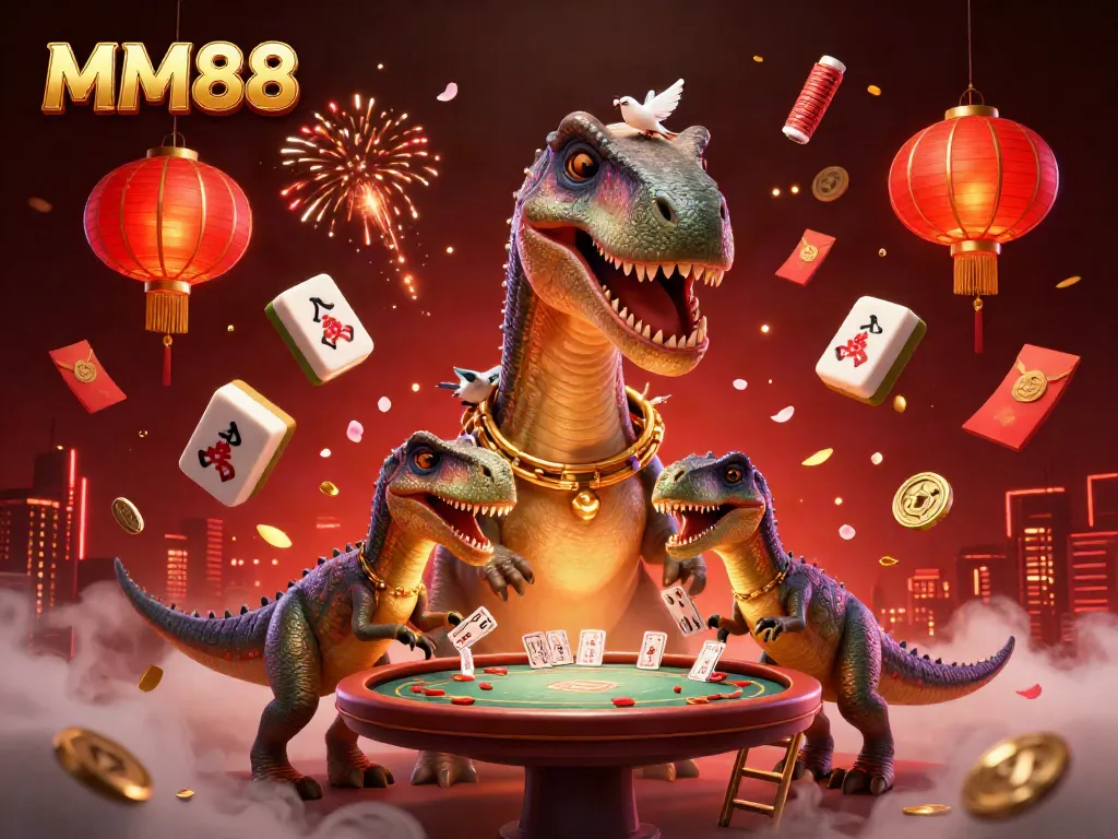 Experience the excitement of MM88 with a whimsical, cartoon scene of a giant brontosaurus overseeing a poker game filled with immersive casino elements.