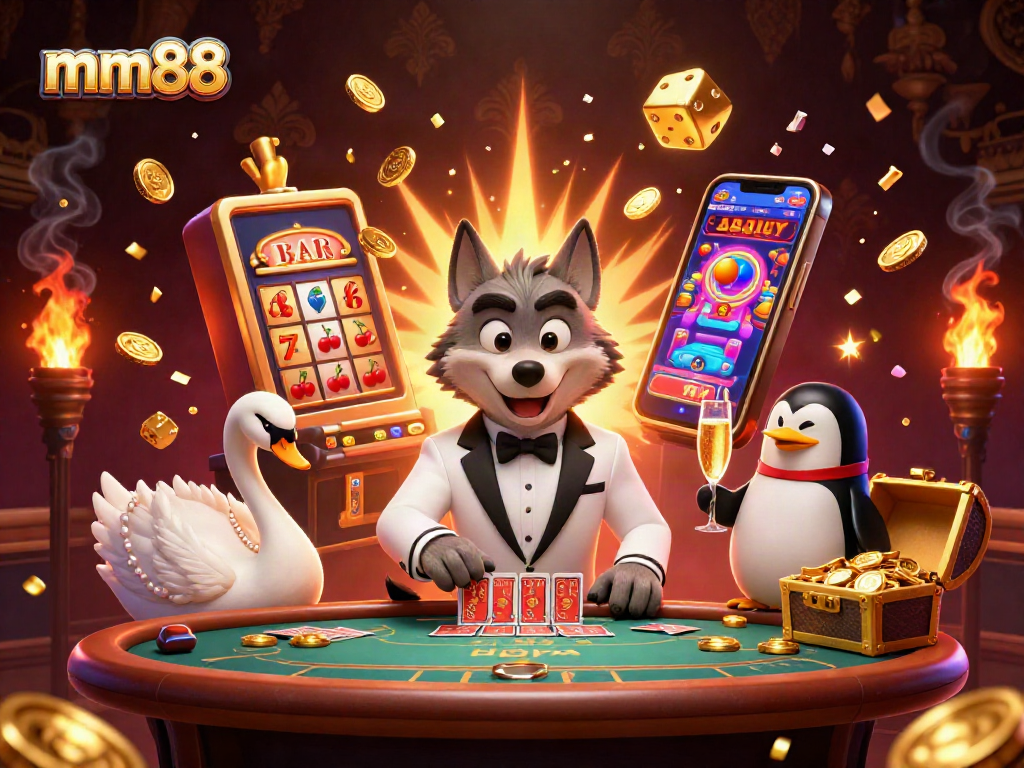 Win big with mm88 at a luxurious casino featuring a wolf, swan, and penguin in action!