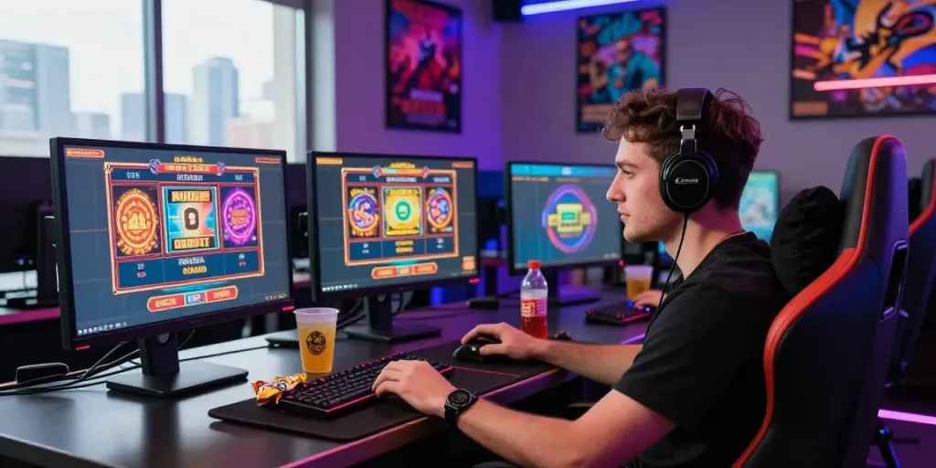 Bigdewa gaming setup showcasing colorful slot games and live dealers in an exciting online casino environment.