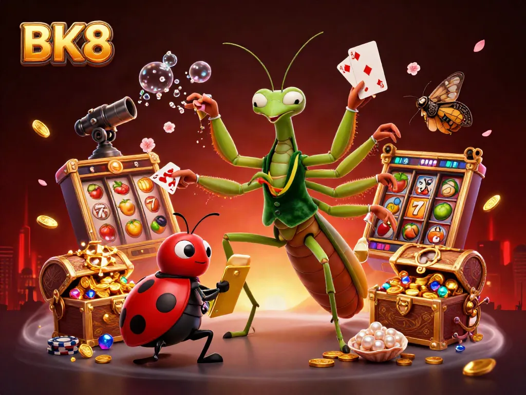 Experience the excitement of BK8 with a dynamic casino illustration featuring vibrant characters and game elements.