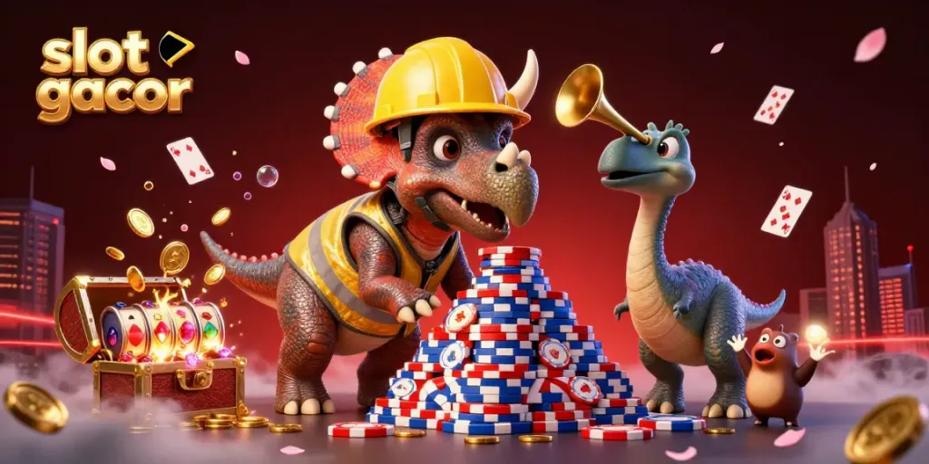Celebrate wins with slot gacor joy, as a cheerful triceratops builds poker chips in a vibrant casino scene.