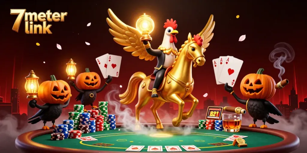 Experience the thrill of the 7meter link with a golden rooster and poker elements in a vibrant casino scene.